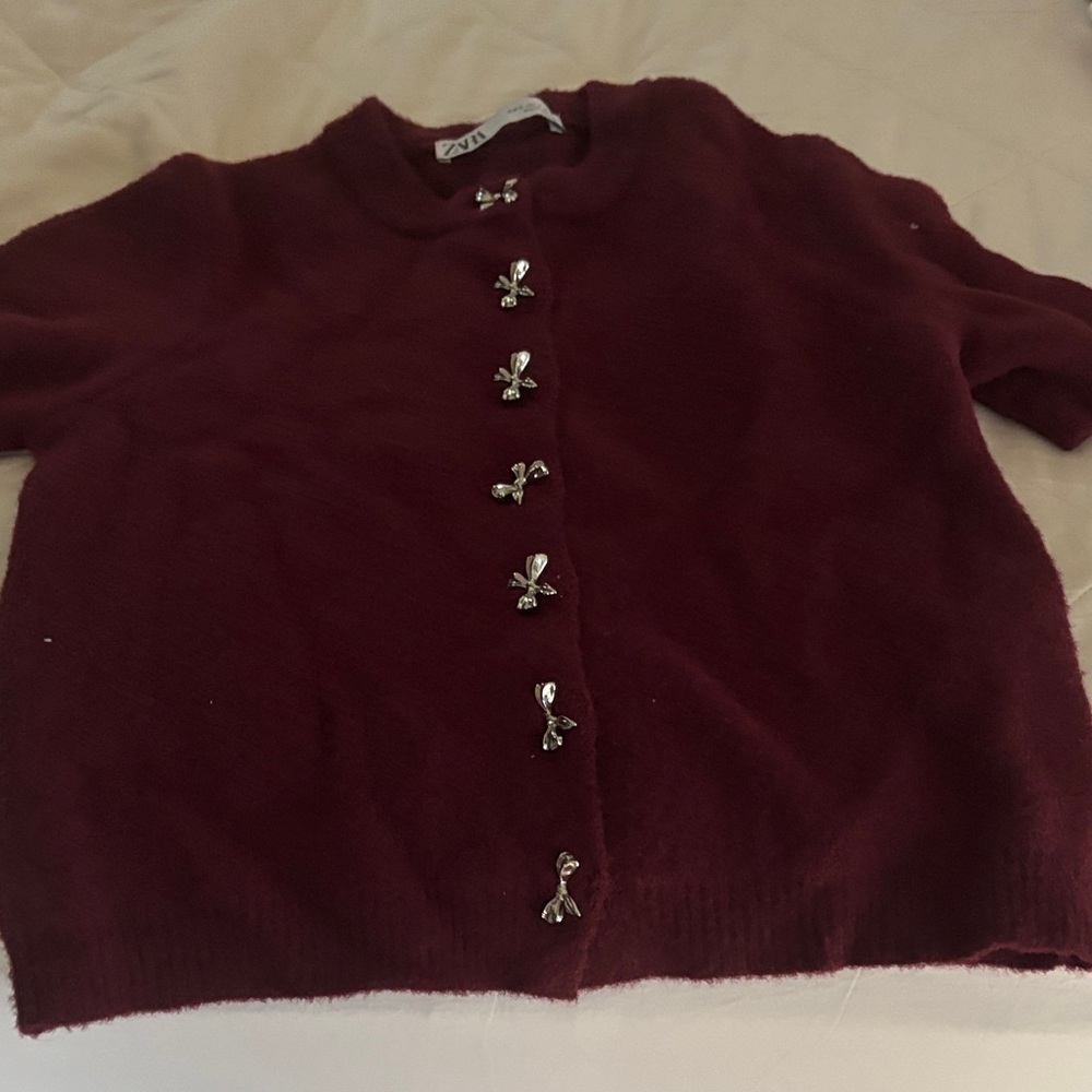 Zara Deep Red Cardigan with Metallic Details NWOT